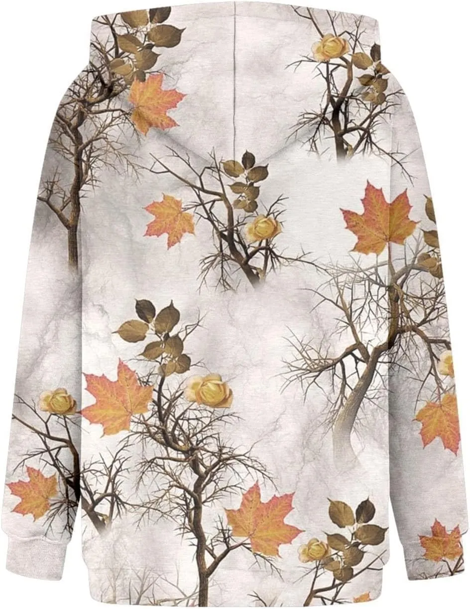 Womens Camo Hoodies Maple Leaf Print Hooded Camo Sweatshirt Oversized Long Sleeve Pullover Sweatshirts for Women
