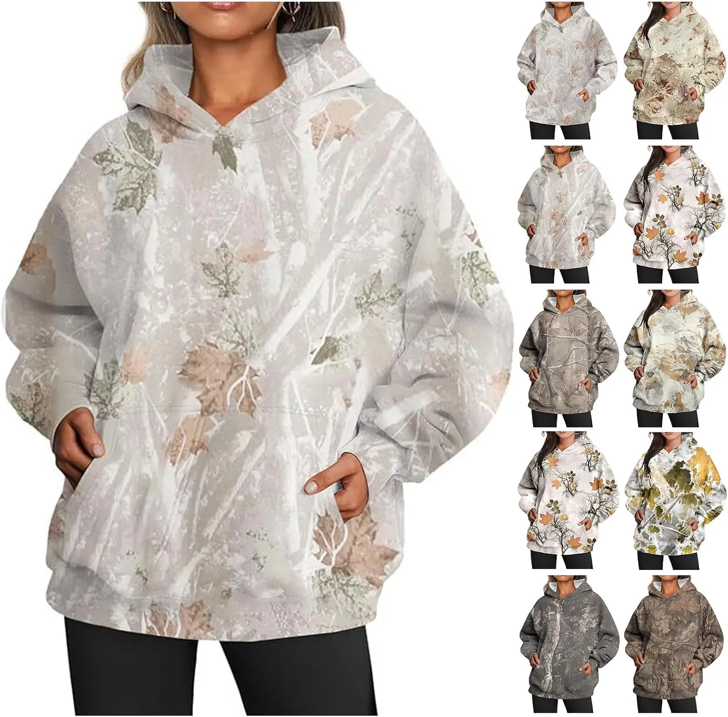 Womens Camo Hoodies Maple Leaf Print Hooded Camo Sweatshirt Oversized Long Sleeve Pullover Sweatshirts for Women