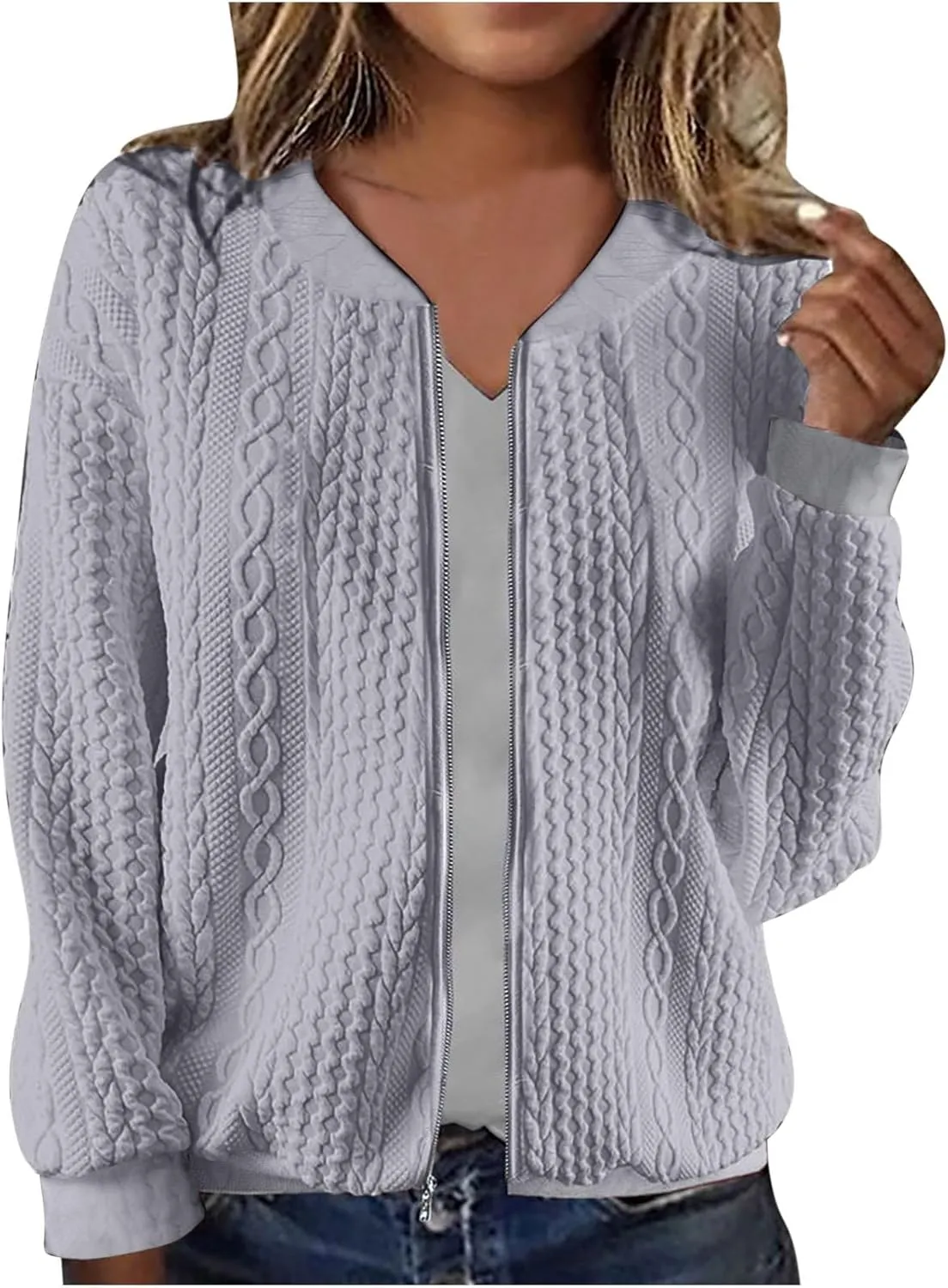 Women's Cardigan Zip Up Cable Knit Long Sleeve Trendy Y2K Sweater Jacket Crewneck Casual Teen Girls Coat 2024 Fall