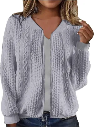 Women's Cardigan Zip Up Cable Knit Long Sleeve Trendy Y2K Sweater Jacket Crewneck Casual Teen Girls Coat 2024 Fall