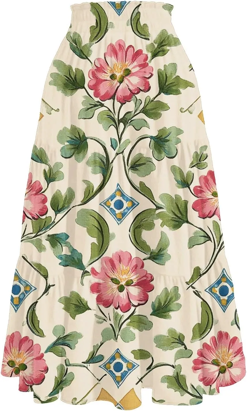 Women's Casual Beach Skirt Floral Elastic High Waist Pleated A-Line Flared Midi Skirts, S-XL