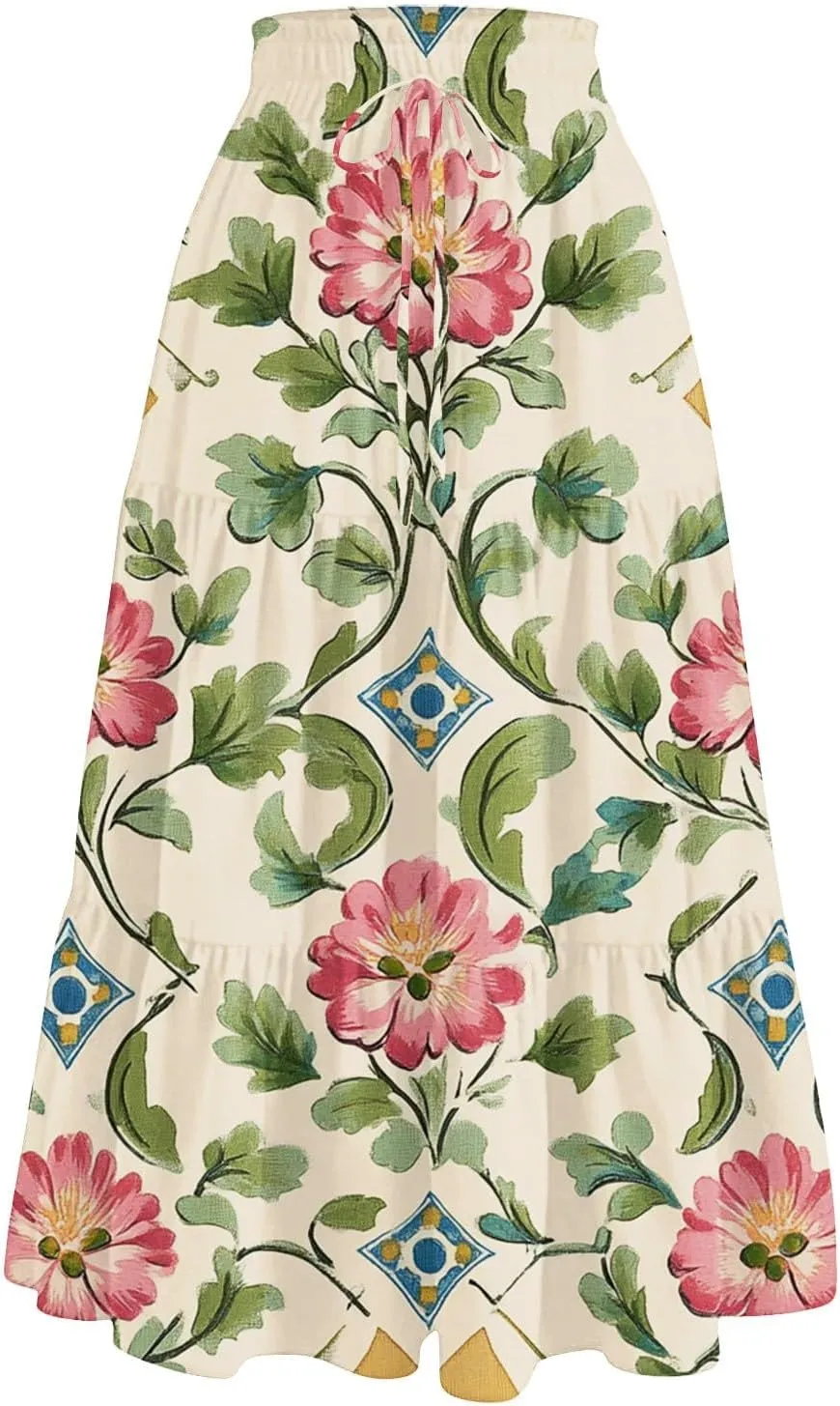 Women's Casual Beach Skirt Floral Elastic High Waist Pleated A-Line Flared Midi Skirts, S-XL