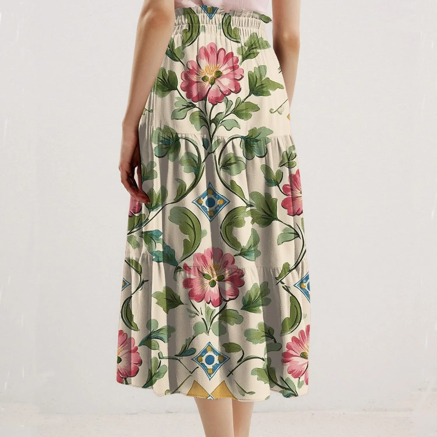 Women's Casual Beach Skirt Floral Elastic High Waist Pleated A-Line Flared Midi Skirts, S-XL