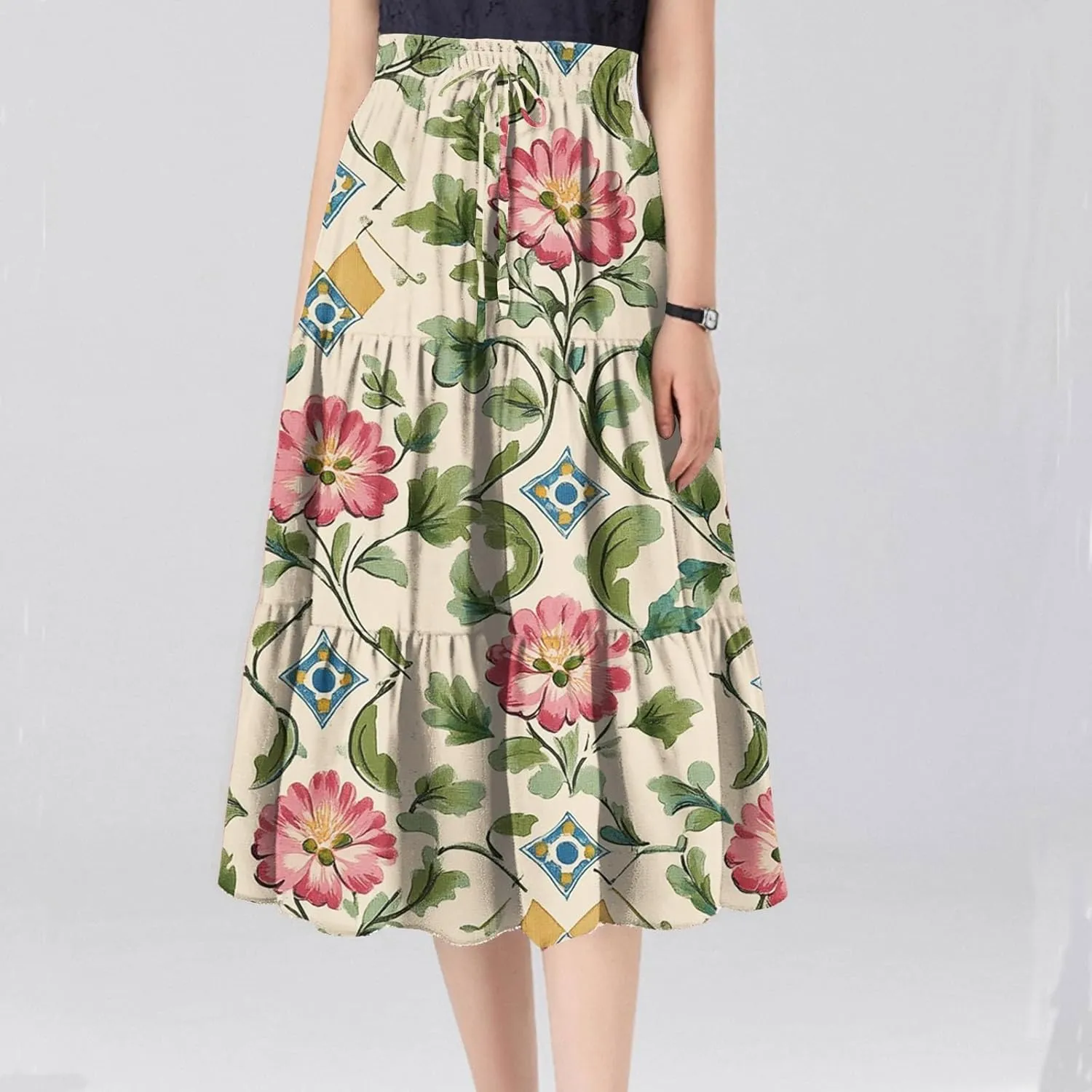 Women's Casual Beach Skirt Floral Elastic High Waist Pleated A-Line Flared Midi Skirts, S-XL