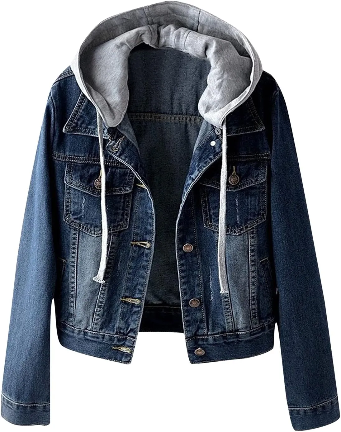 Women's Casual Denim Jackets with Detachable Hood Button Down Fleece Comfort Trendy Jean Hoodies Fall Winter Tops