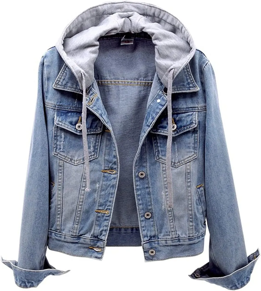 Women's Casual Denim Jackets with Detachable Hood Button Down Fleece Comfort Trendy Jean Hoodies Fall Winter Tops
