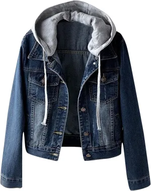 Women's Casual Denim Jackets with Detachable Hood Button Down Fleece Comfort Trendy Jean Hoodies Fall Winter Tops