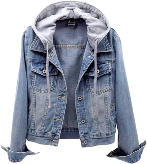 Women's Casual Denim Jackets with Detachable Hood Button Down Fleece Comfort Trendy Jean Hoodies Fall Winter Tops
