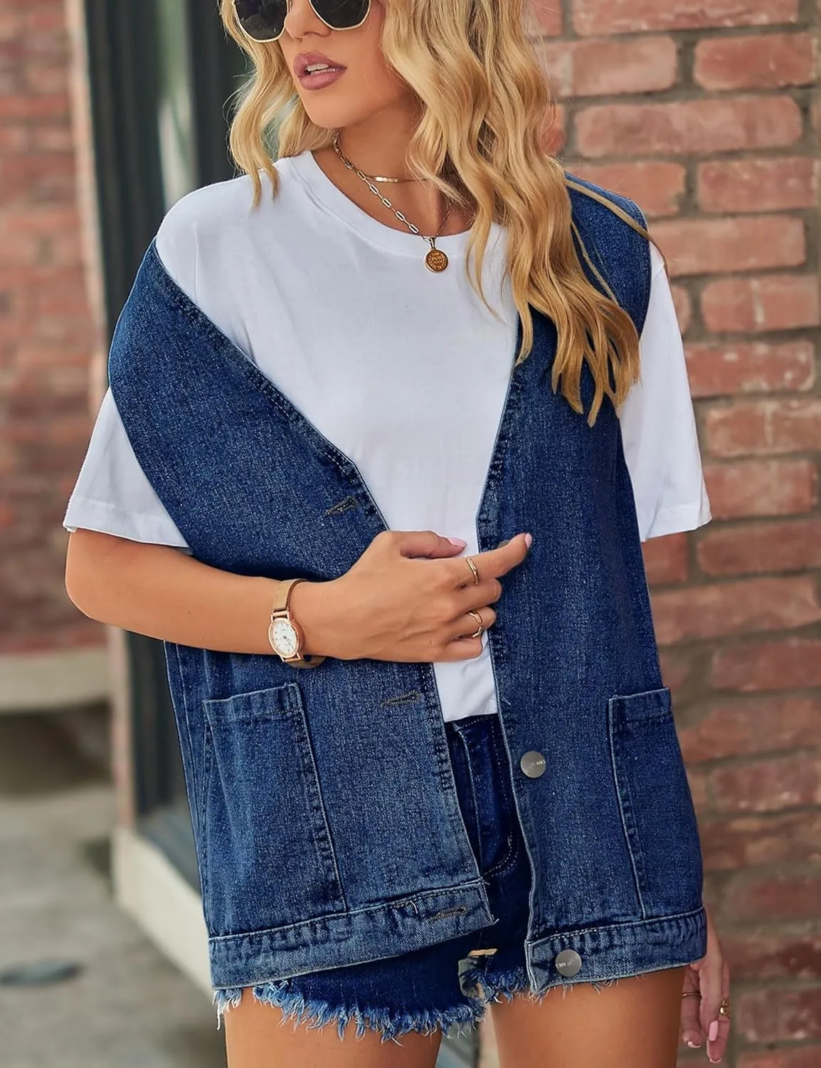 Women's Casual Denim Jean Vest Oversized Sleeveless Mid Long Button Down Jeans Jackets Vests Tops Waistcoat 