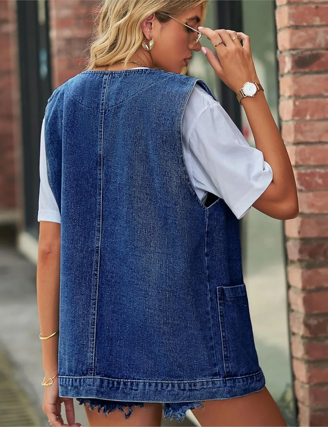 Women's Casual Denim Jean Vest Oversized Sleeveless Mid Long Button Down Jeans Jackets Vests Tops Waistcoat 