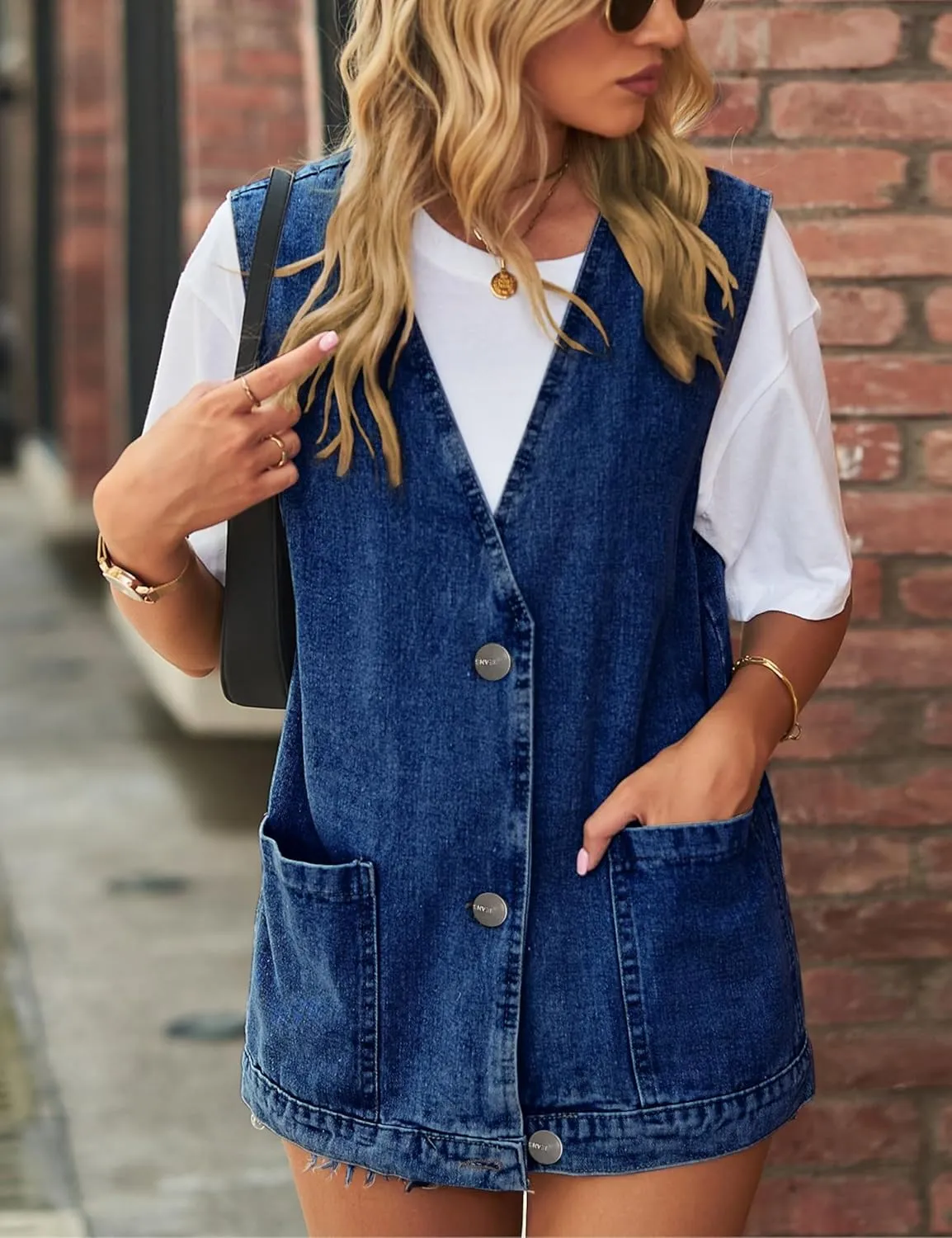 Women's Casual Denim Jean Vest Oversized Sleeveless Mid Long Button Down Jeans Jackets Vests Tops Waistcoat 