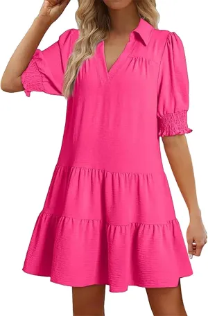 Women's Casual Lapel V-Neck Ruffle Sleeve Pleated Dress Collared Swing Mini Dresses Tiered A Line Dress Trendy