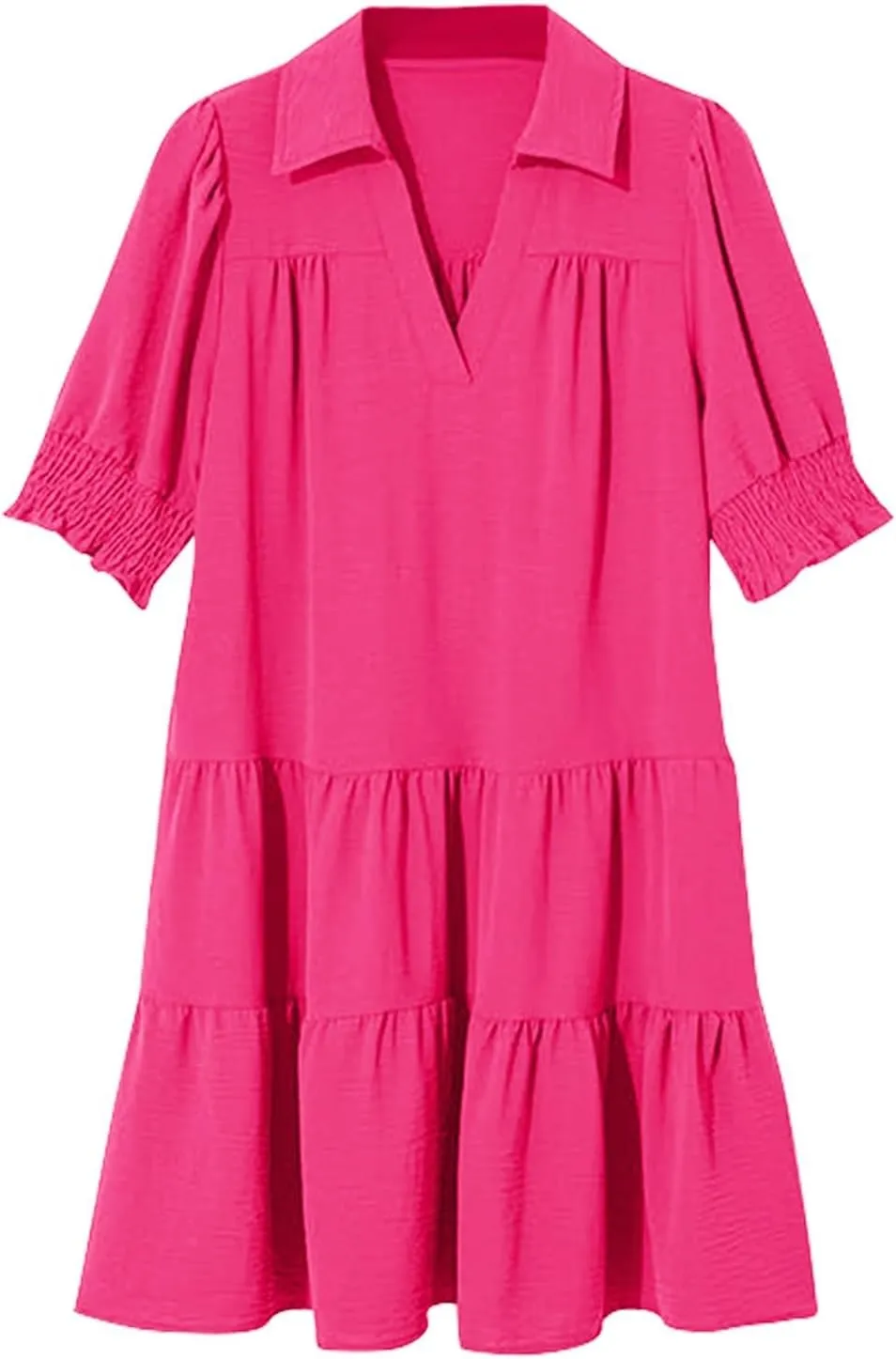 Women's Casual Lapel V-Neck Ruffle Sleeve Pleated Dress Collared Swing Mini Dresses Tiered A Line Dress Trendy