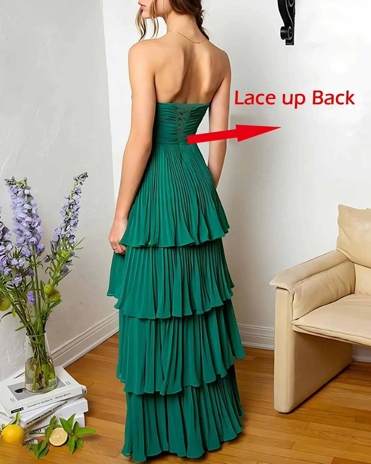 Women's Chiffon Bridesmaid Dresses Strapless Ruffle Formal Dress Long Flowy Evening Party Gowns