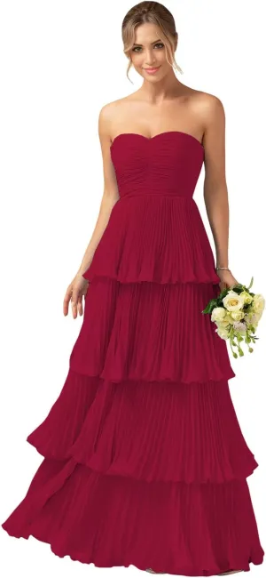 Women's Chiffon Bridesmaid Dresses Strapless Ruffle Formal Dress Long Flowy Evening Party Gowns
