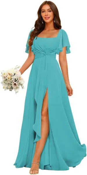 Women's Chiffon Bridesmaid Dresses with Pockets 2025 Short Sleeves Pleated Aline Formal Evening Dresses with Slit DE418
