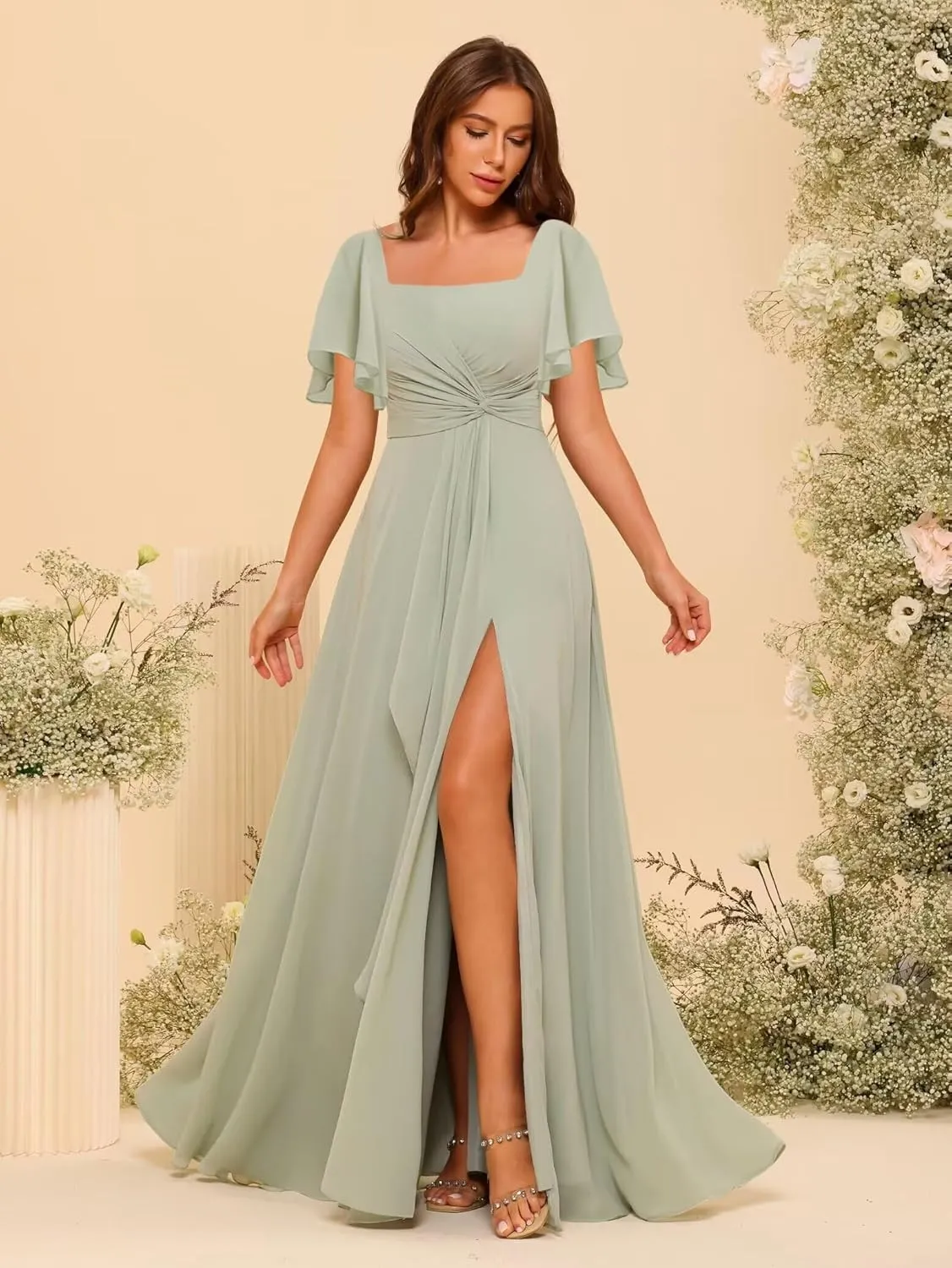 Women's Chiffon Bridesmaid Dresses with Pockets 2025 Short Sleeves Pleated Aline Formal Evening Dresses with Slit DE418