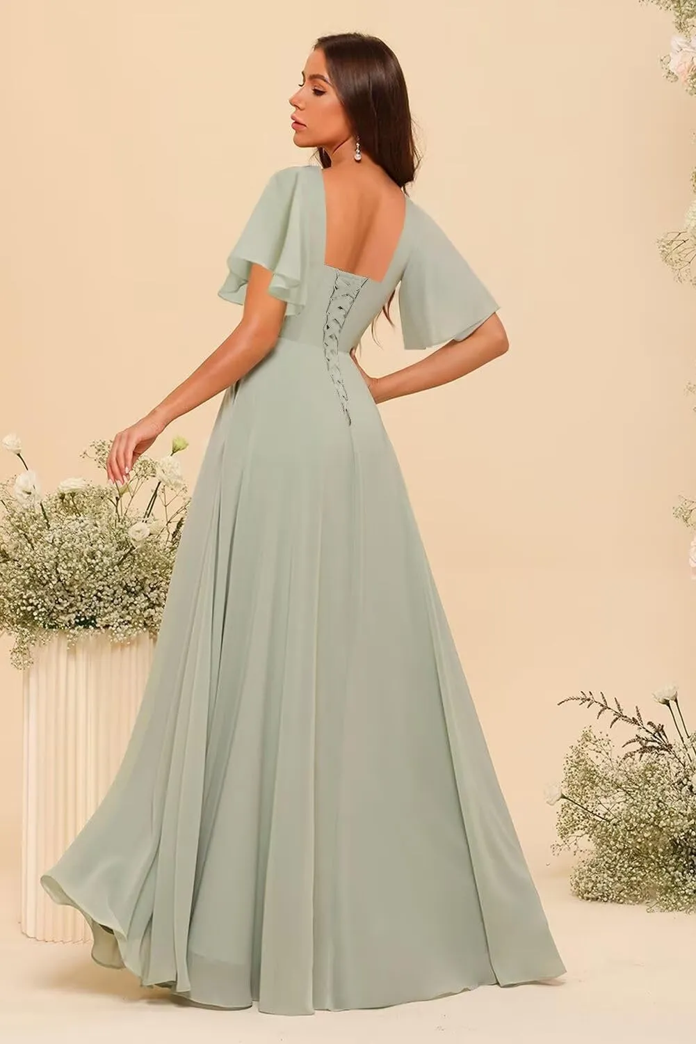Women's Chiffon Bridesmaid Dresses with Pockets 2025 Short Sleeves Pleated Aline Formal Evening Dresses with Slit DE418