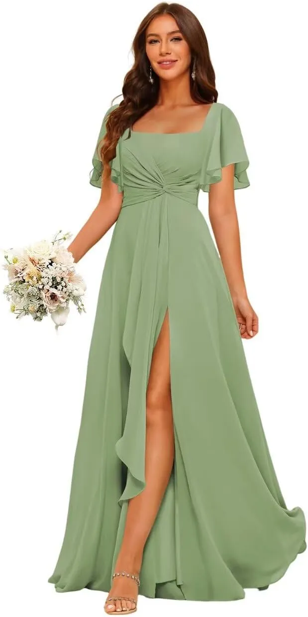 Women's Chiffon Bridesmaid Dresses with Pockets 2025 Short Sleeves Pleated Aline Formal Evening Dresses with Slit DE418