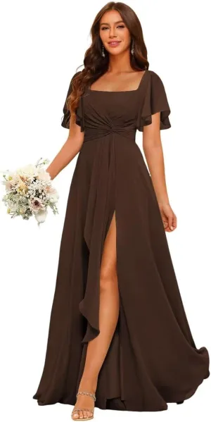 Women's Chiffon Bridesmaid Dresses with Pockets 2025 Short Sleeves Pleated Aline Formal Evening Dresses with Slit DE418
