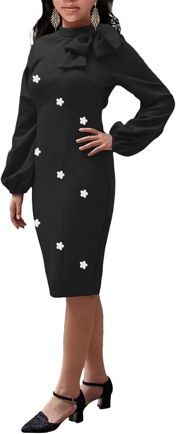 Women's Church Dress Bishop Sleeve Bow Knot Work Casual Elegant Cocktail Party Pencil Midi Dresses