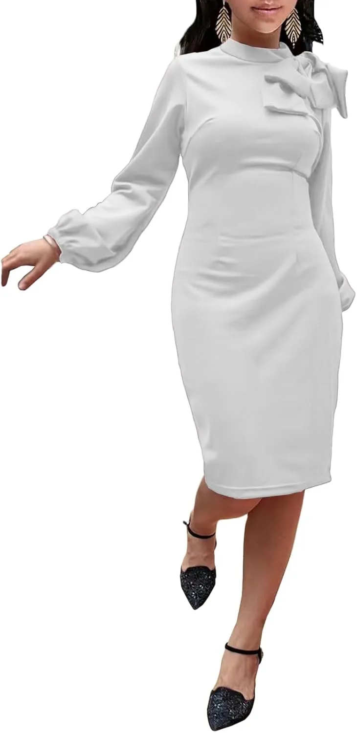 Women's Church Dress Bishop Sleeve Bow Knot Work Casual Elegant Cocktail Party Pencil Midi Dresses
