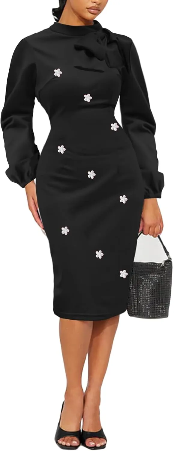 Women's Church Dress Bishop Sleeve Bow Knot Work Casual Elegant Cocktail Party Pencil Midi Dresses