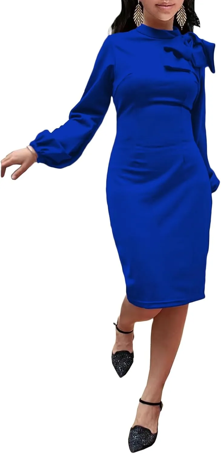 Women's Church Dress Bishop Sleeve Bow Knot Work Casual Elegant Cocktail Party Pencil Midi Dresses