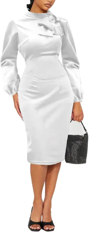 Women's Church Dress Bishop Sleeve Bow Knot Work Casual Elegant Cocktail Party Pencil Midi Dresses