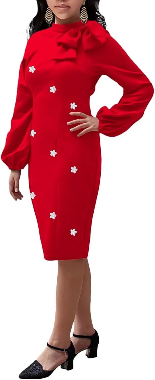 Women's Church Dress Bishop Sleeve Bow Knot Work Casual Elegant Cocktail Party Pencil Midi Dresses