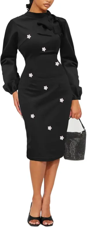 Women's Church Dress Bishop Sleeve Bow Knot Work Casual Elegant Cocktail Party Pencil Midi Dresses