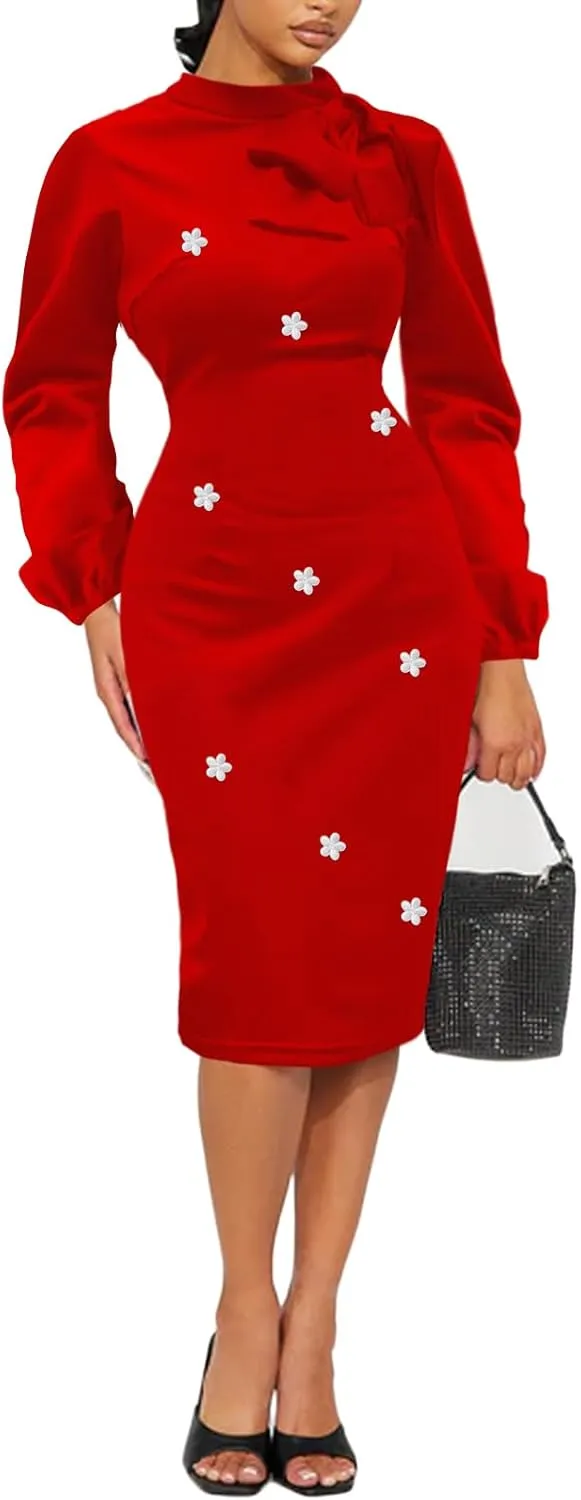Women's Church Dress Bishop Sleeve Bow Knot Work Casual Elegant Cocktail Party Pencil Midi Dresses