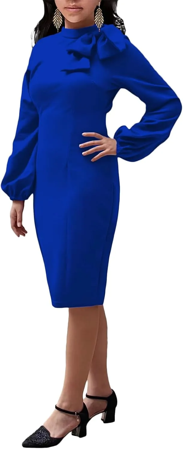 Women's Church Dress Bishop Sleeve Bow Knot Work Casual Elegant Cocktail Party Pencil Midi Dresses