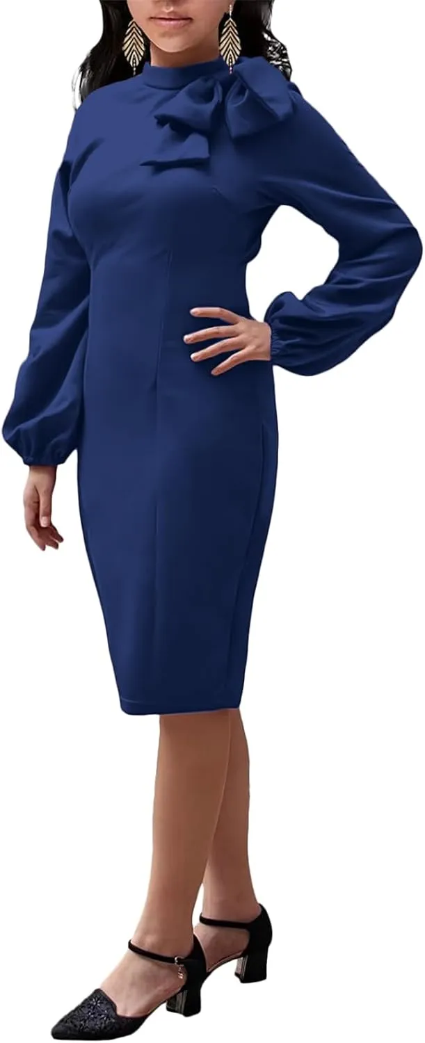 Women's Church Dress Bishop Sleeve Bow Knot Work Casual Elegant Cocktail Party Pencil Midi Dresses