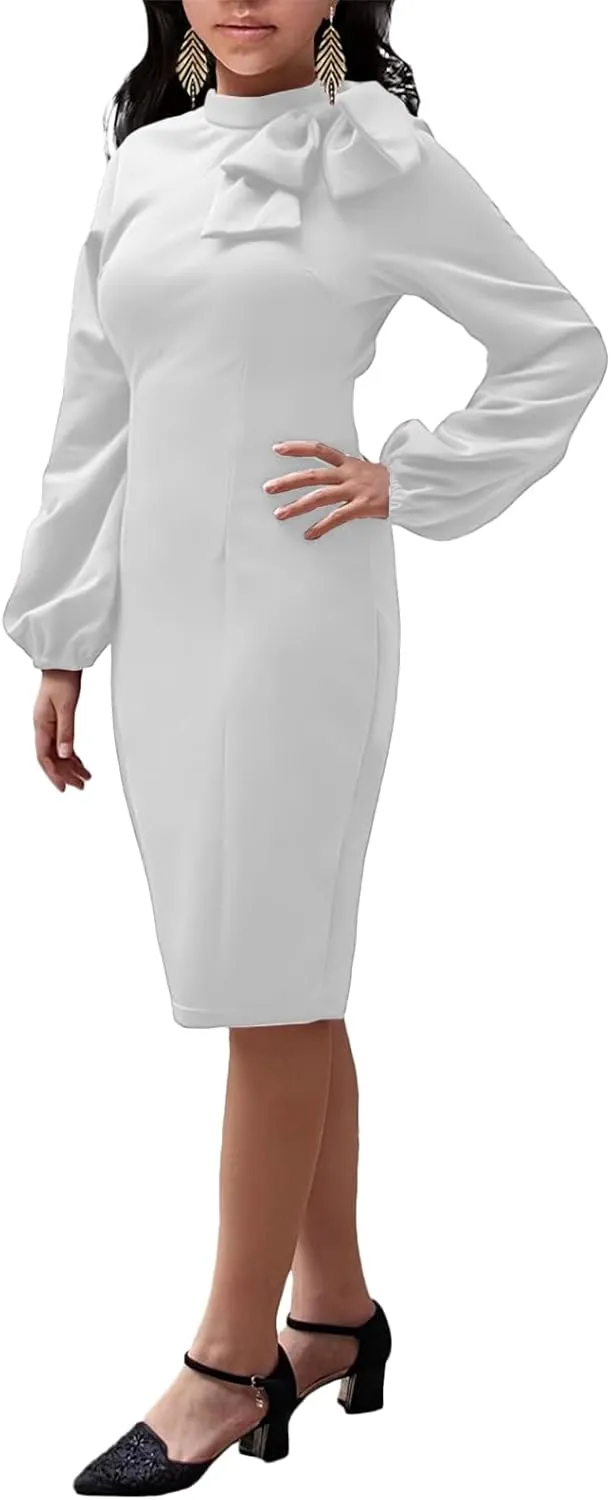 Women's Church Dress Bishop Sleeve Bow Knot Work Casual Elegant Cocktail Party Pencil Midi Dresses