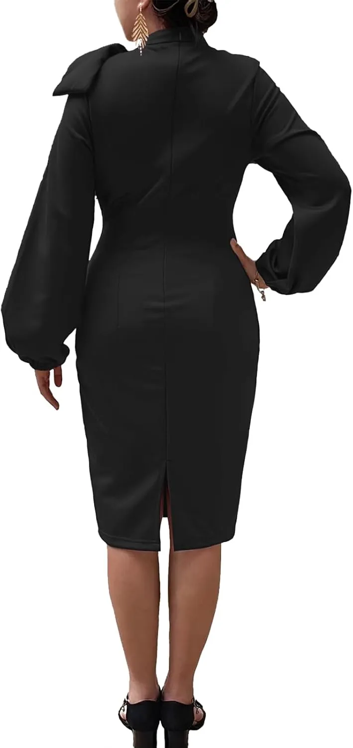 Women's Church Dress Bishop Sleeve Bow Knot Work Casual Elegant Cocktail Party Pencil Midi Dresses