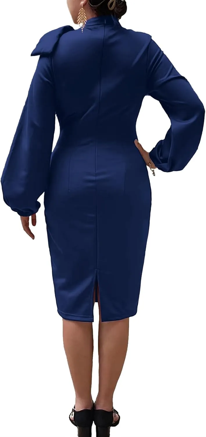 Women's Church Dress Bishop Sleeve Bow Knot Work Casual Elegant Cocktail Party Pencil Midi Dresses