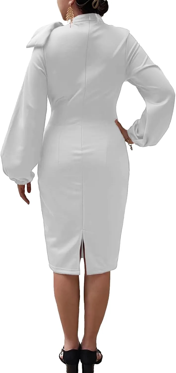 Women's Church Dress Bishop Sleeve Bow Knot Work Casual Elegant Cocktail Party Pencil Midi Dresses