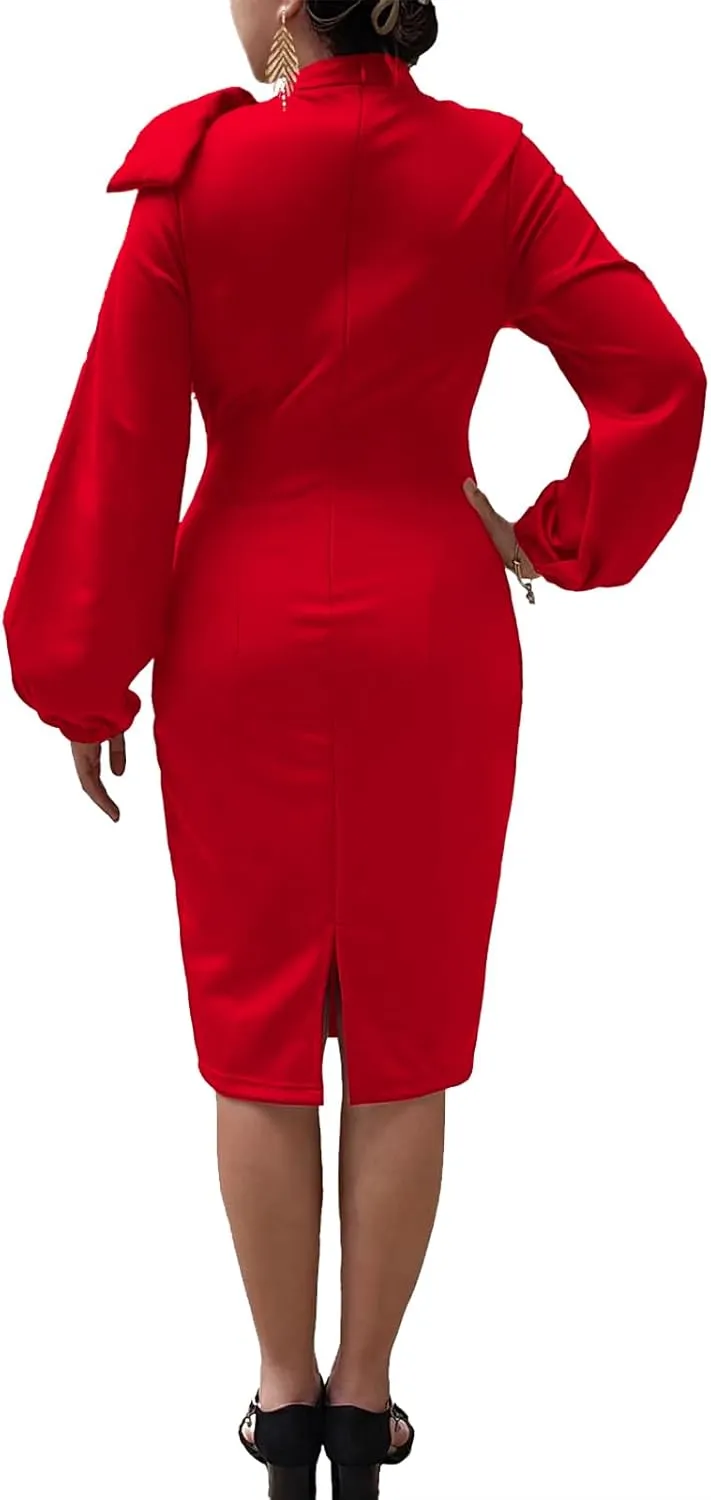 Women's Church Dress Bishop Sleeve Bow Knot Work Casual Elegant Cocktail Party Pencil Midi Dresses