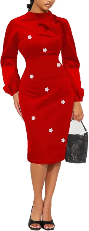 Women's Church Dress Bishop Sleeve Bow Knot Work Casual Elegant Cocktail Party Pencil Midi Dresses