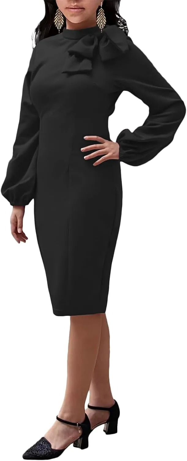 Women's Church Dress Bishop Sleeve Bow Knot Work Casual Elegant Cocktail Party Pencil Midi Dresses