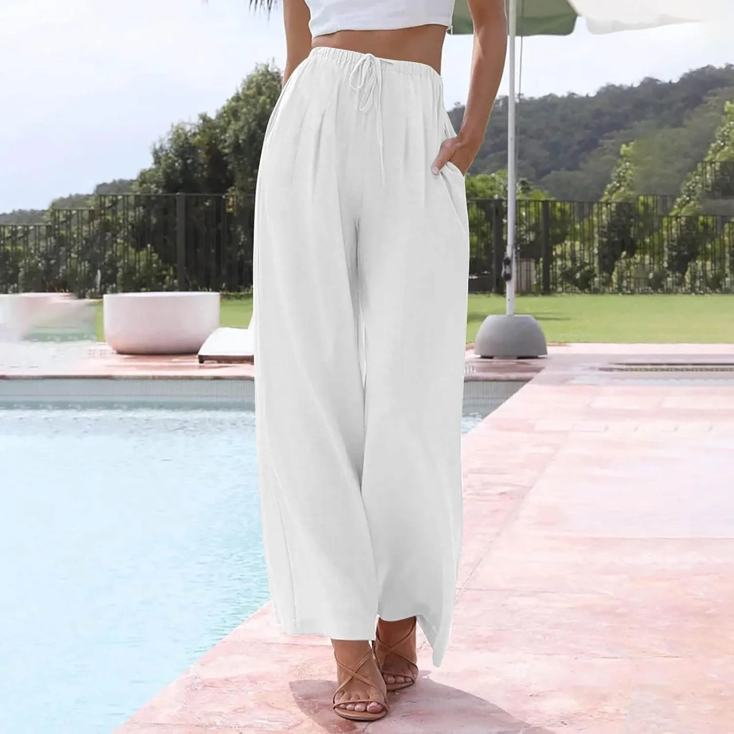 Womens Cotton Linen Pants Summer Palazzo Pants Flowy Wide Leg Beach Trousers with Pockets
