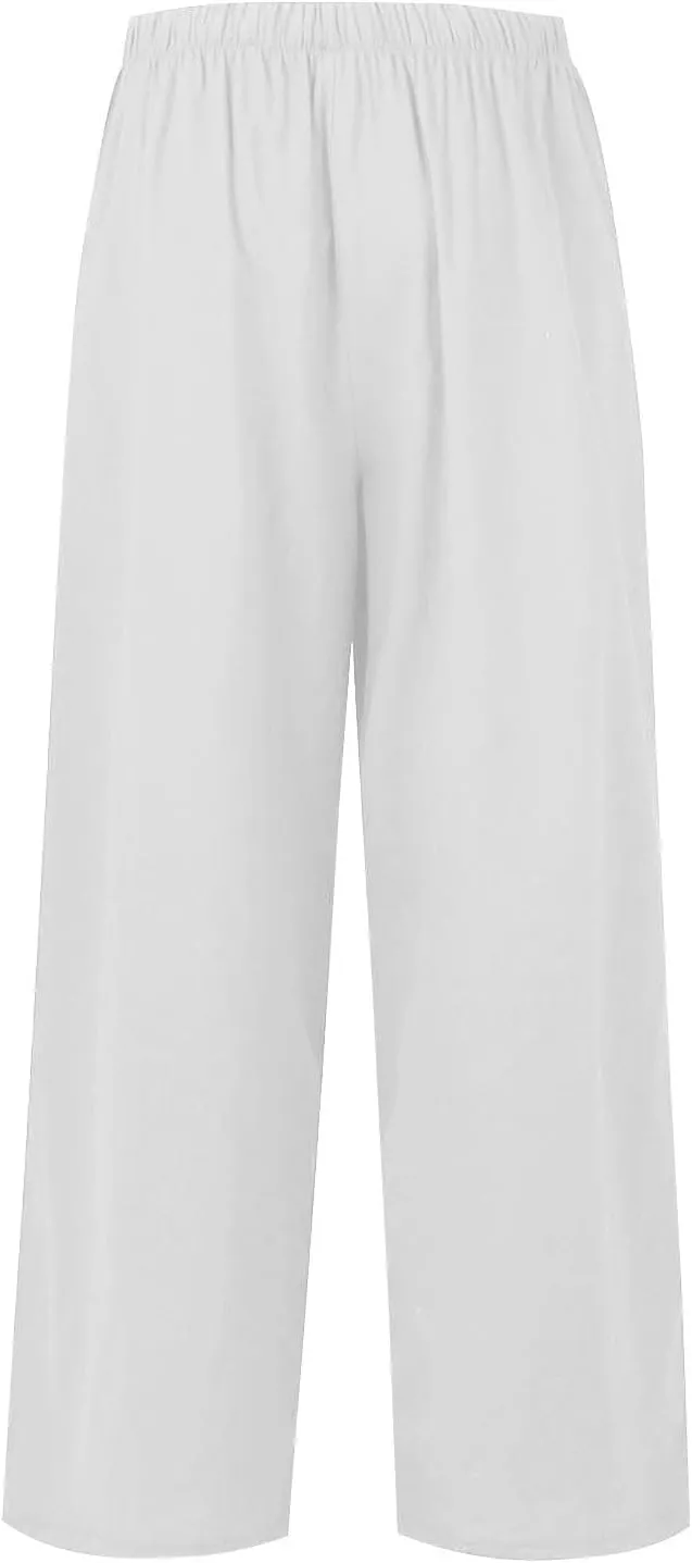 Womens Cotton Linen Pants Summer Palazzo Pants Flowy Wide Leg Beach Trousers with Pockets