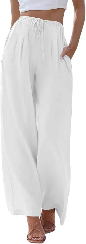Womens Cotton Linen Pants Summer Palazzo Pants Flowy Wide Leg Beach Trousers with Pockets