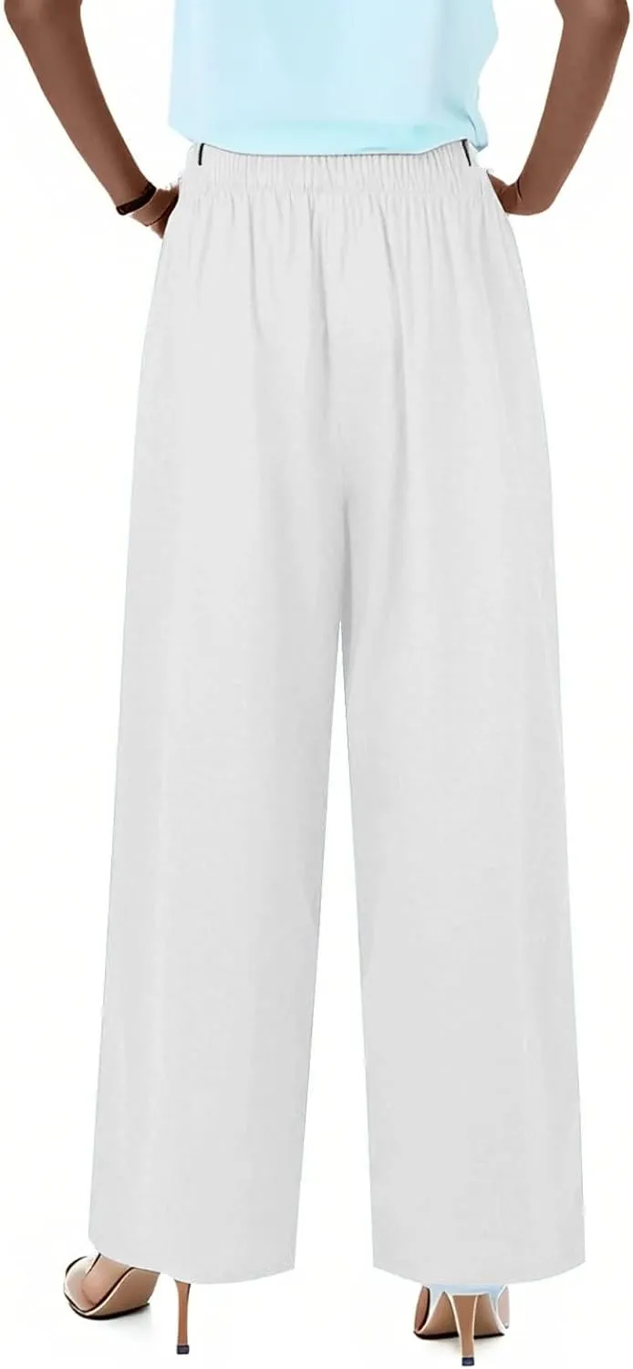 Womens Cotton Linen Pants Summer Palazzo Pants Flowy Wide Leg Beach Trousers with Pockets