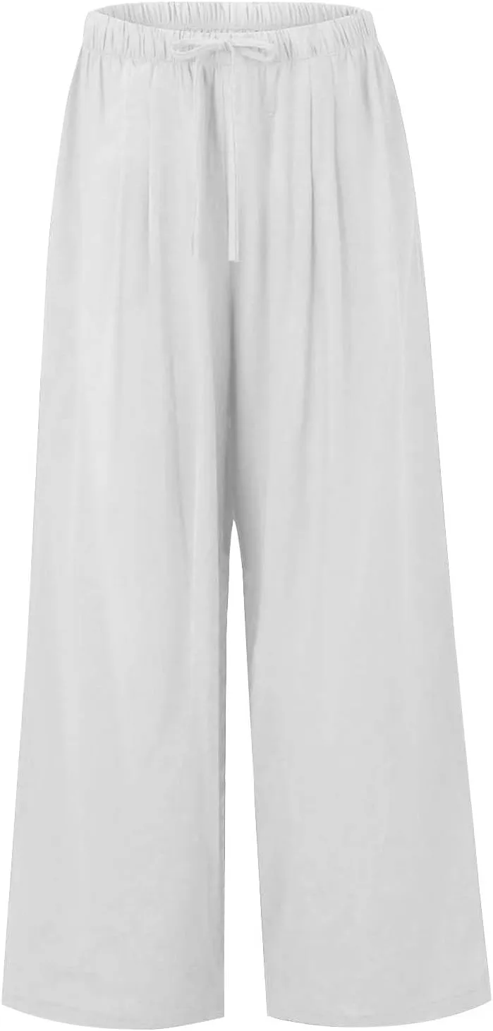 Womens Cotton Linen Pants Summer Palazzo Pants Flowy Wide Leg Beach Trousers with Pockets