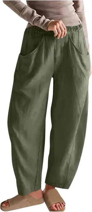 Womens Cotton Linen Wide Leg Pants Casual Summer Elastic High Waisted Palazzo Pants Beach Trousers with Pockets