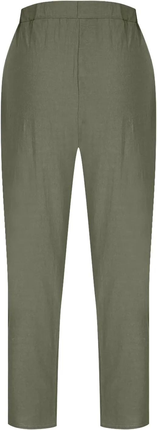 Womens Cotton Linen Wide Leg Pants Casual Summer Elastic High Waisted Palazzo Pants Beach Trousers with Pockets