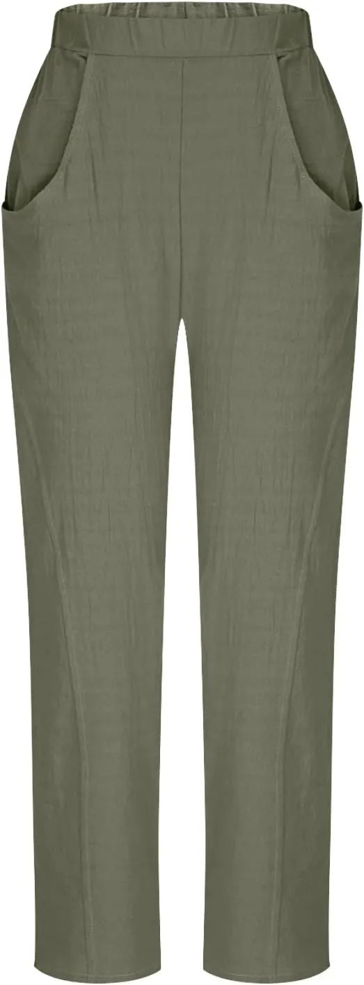 Womens Cotton Linen Wide Leg Pants Casual Summer Elastic High Waisted Palazzo Pants Beach Trousers with Pockets