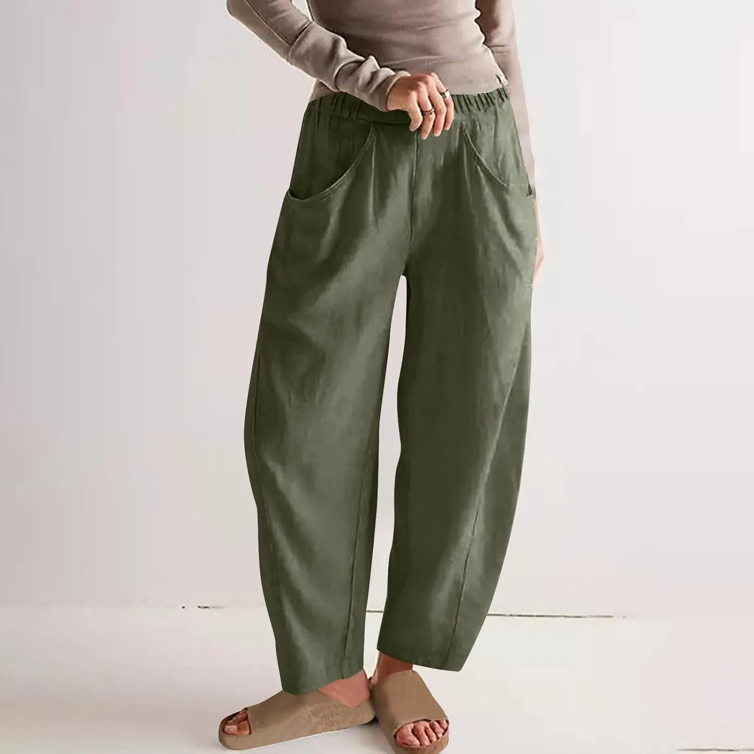 Womens Cotton Linen Wide Leg Pants Casual Summer Elastic High Waisted Palazzo Pants Beach Trousers with Pockets